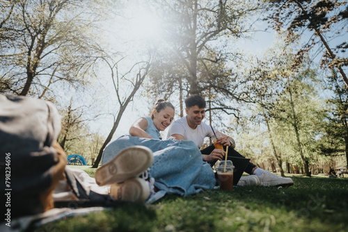 Foto Two students laying on the grass, savoring cold beverages and unwinding in the tranquility of a lush park