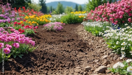 Ground soil against the background of a flower bed. Background for placing garden tools. Spring background with flowers in the background, loose earth.