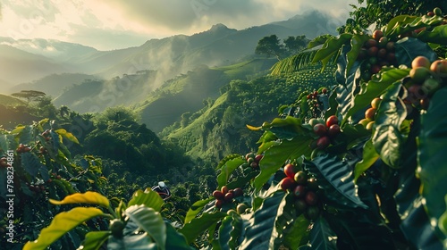 A scenic coffee plantation on the misty slopes of a mountain, where AI-powered robots carefully harvest ripe coffee cherries, ensuring uniformity and quality in every batch. photo