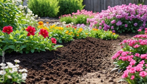 Ground soil against the background of a flower bed. Background for placing garden tools. Spring background with flowers in the background, loose earth.