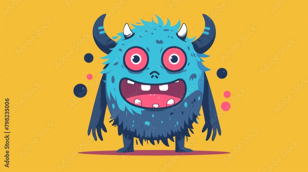 A cartoon monster with horns and big eyes is standing on a yellow background, AI