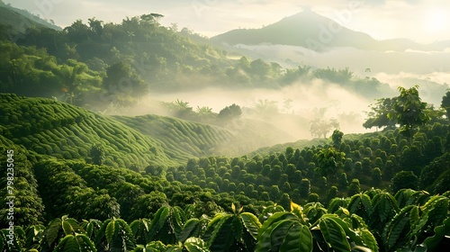 A scenic coffee plantation on the misty slopes of a mountain, where AI-powered robots carefully harvest ripe coffee cherries, ensuring uniformity and quality in every batch.