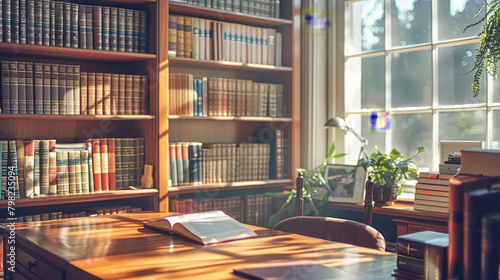 A desk with a book open on it and a potted plant next to it. The room is filled with bookshelves and a window lets in sunlight photo