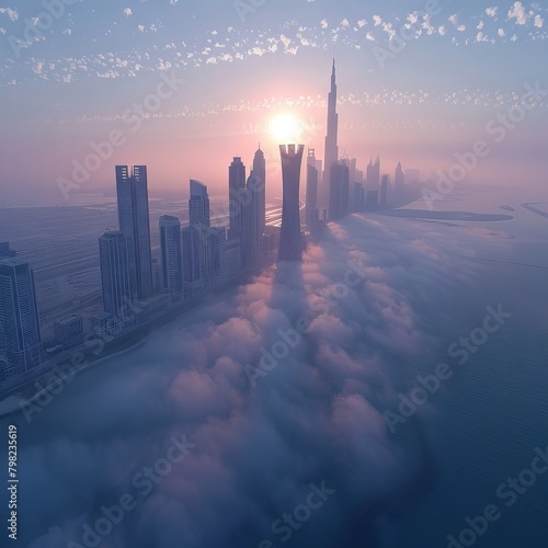 erial view of Qatar Energy building west bay during fog 