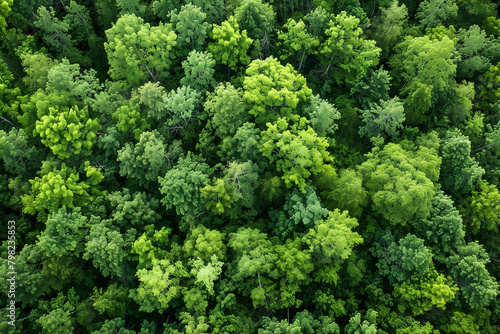 Top view of a young green forest in spring or summer