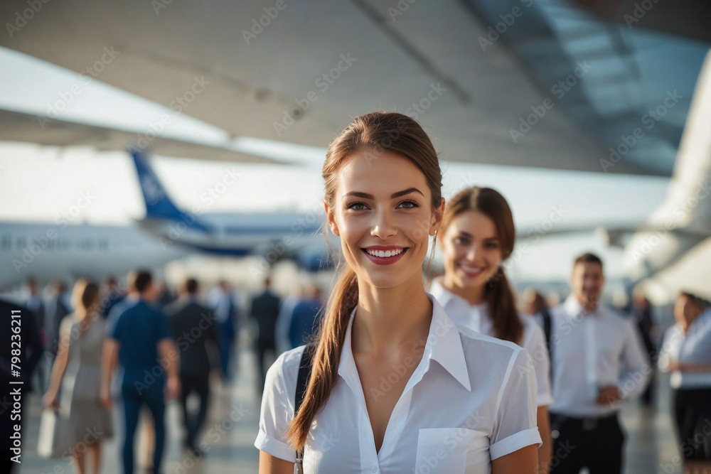 A flight attendant at her workplace. Escort of passengers on the plane. A flight attendant at her workplace. Escort of passengers on the plane.