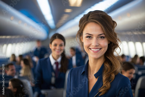 A flight attendant at her workplace. Escort of passengers on the plane.