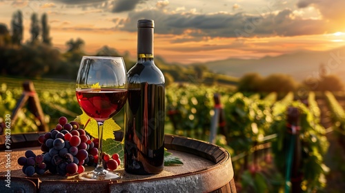 Sunset Wine Country Scene with Grapes and Wine Glass