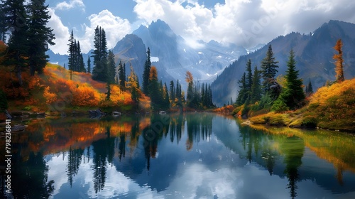 A serene mountain lake nestled amidst towering pine trees  with a colorful autumn forest reflected in its still waters.
