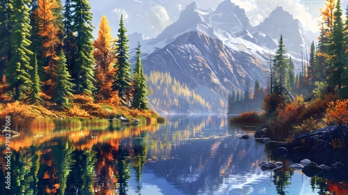 A serene mountain lake nestled amidst towering pine trees, with a colorful autumn forest reflected in its still waters. © Love Mohammad