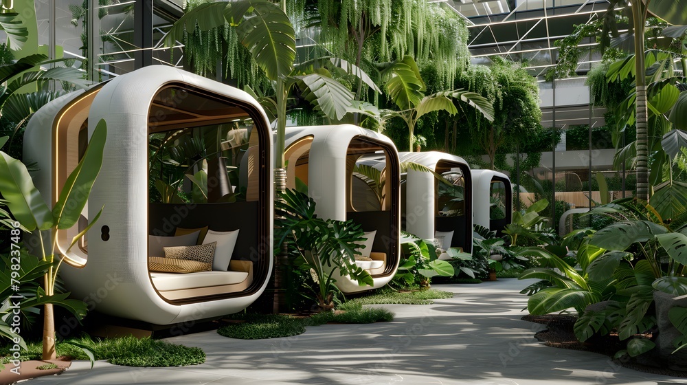A serene office park surrounded by greenery, where employees take breaks in AI-designed relaxation pods equipped with immersive nature simulations.