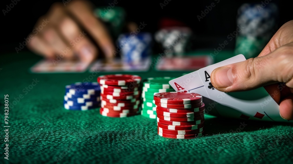 Dramatic image card player reveals winning hand, exuding confidence in striking lighting Dramatic image card player reveals winning hand, exuding confidence in striking lighting