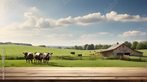Viewed from an empty wooden table top, a grassy landscape with cows and a farm in the summertime is ideal for product displays. photo