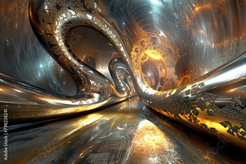 Metallic fractals pulsate with energy amidst a digital dreamscape of shifting perspectives