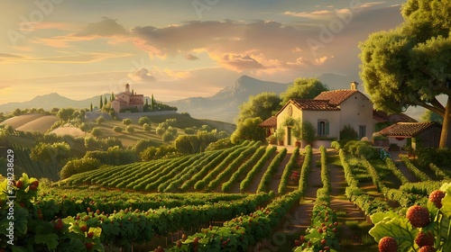 A serene village farm with neatly planted rows of crops stretching towards the horizon, bathed in the warm glow of the setting sun.