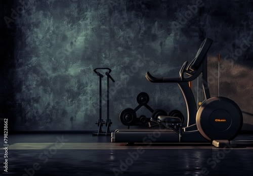Fitness equipment on dark backdrop with space for text