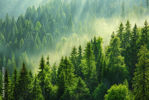 Healthy green trees in a forest of old spruce, fir and pine photo