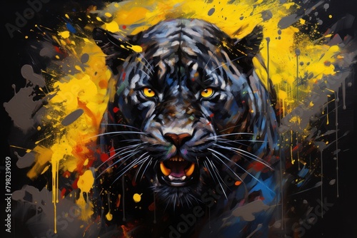 Black panther with an open mouth painted with oil paints on a black and yellow background © Neuraldesign