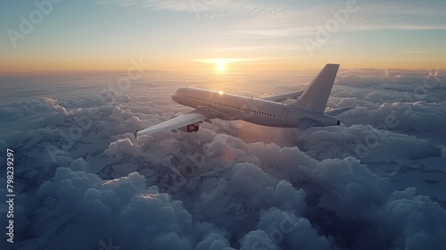 Airplane Flying Above Clouds at Sunset