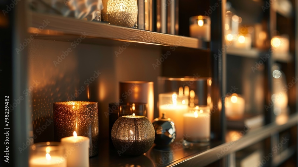 A bookshelf lined with candles of all shapes and sizes creates a calming ambiance perfect for sparking artistic inspiration. 2d flat cartoon.