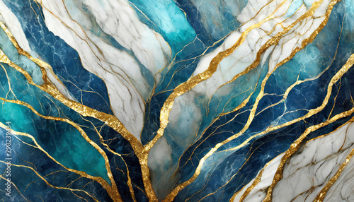 Abstract white, blue and turquoise dynamic fluid agate marble with thin gold veins texture background. Stone material for luxury surfaces and walls.	
