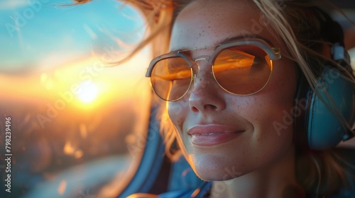 Woman Wearing Sunglasses and Headphones in a Plane