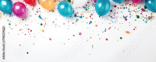 Festive balloons with ribbons and scattered confetti over white, representing celebration or party photo