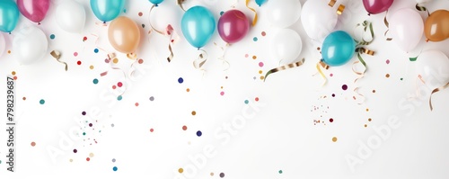 Festive balloons with ribbons and scattered confetti over white, representing celebration or party photo