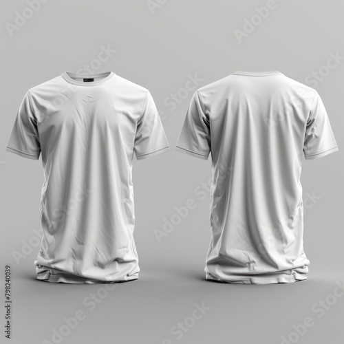 Set of white tee t shirt round neck front, back and side view on white background cutout file. Mockup template for artwork graphic design. 3D rendering
