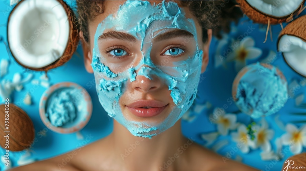 Woman Wearing Blue Face Mask Surrounded by Coconuts Woman Wearing Blue Face Mask Surrounded by Coconuts
