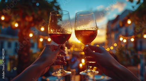 Two People Toasting With Wine Glasses in Front of Cityscape.
