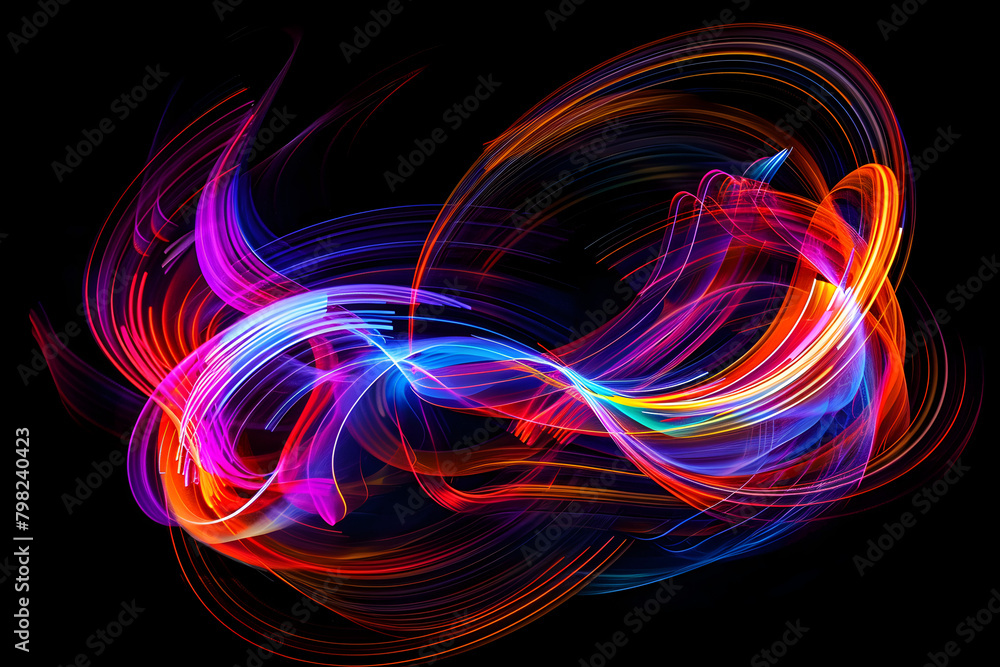 Vivid neon abstract art with colorful swirling patterns. Stunning black background masterpiece.