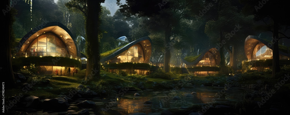 cozy wooden cabins amidst a foggy forest illuminated by warm lights, evoking a sense of tranquility and seclusion.