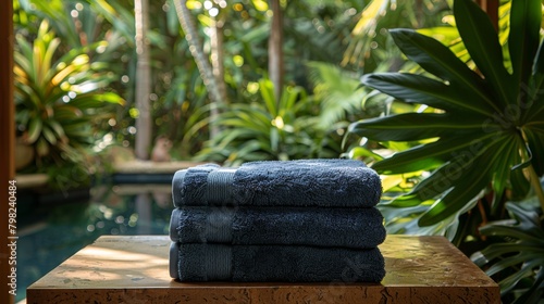Stack of Blue Towels on Wooden Table