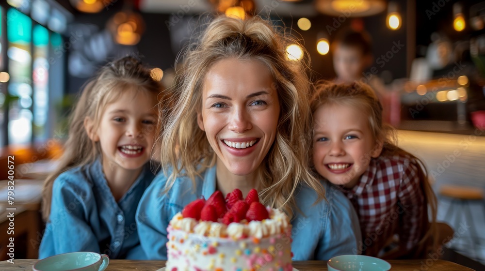 Mother's Day celebration concept. Radiant mother with two daughters at a cafe celebrating with a cake. Design for lifestyle blog, greeting card, event invitation. Mother's Day celebration concept. Radiant mother with two daughters at a cafe celebrating with a cake. Design for lifestyle blog, greeting card, event invitation.
