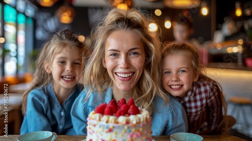 Mother's Day celebration concept. Radiant mother with two daughters at a cafe celebrating with a cake. Design for lifestyle blog, greeting card, event invitation.