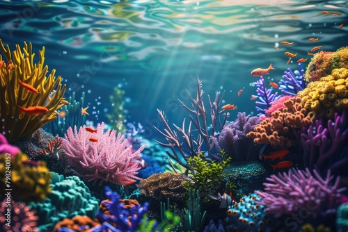 Serene underwater world teeming with life unfolds in a mesmerizing 3D vector background  where colorful corals and graceful marine creatures abound.