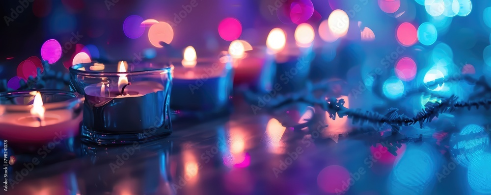 candles with a striking bokeh background, presenting a play of light and color that symbolizes warmth and celebration. candles with a striking bokeh background, presenting a play of light and color that symbolizes warmth and celebration.
