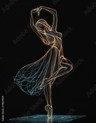 neon illustration of a woman in a flowing dress dancing. She is shown from the hips up, standing on one foot with her arms raised above her head. The background is black.