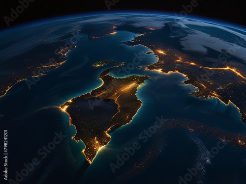 Orbiting view of South America lit up at night, illustrating urbanization and energy, suitable for global themes and education