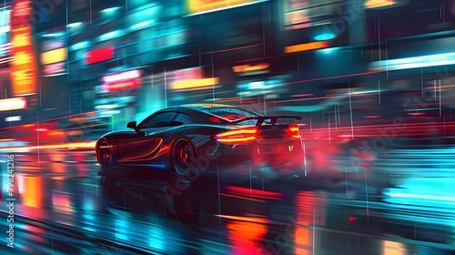 A sleek, modern car speeding through a rain-soaked urban landscape at night, illuminated by neon lights and reflections