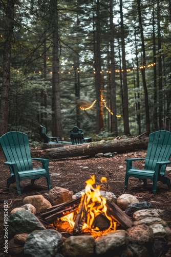 Two chairs sitting around a fire pit in the woods, AI