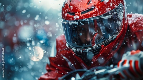Man in Red Suit and Helmet Riding Motorcycle in Snow. Generative AI photo
