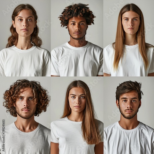 White t-shirt people. Collage of many men and women wearing blank tshirt with copy space for your text or logo 