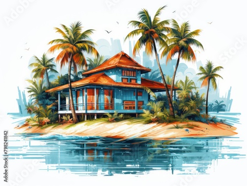 A blue house on a small island surrounded by palm trees and the ocean.