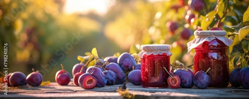 Fresh plum jam and ripe plums on wooden table photo