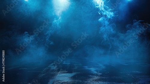 The background of the empty room is dark blue, with smoke floating above the interior texture. night scene.