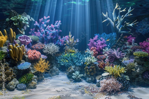 Serene underwater world with colorful coral reefs for your 3D zoom background  complete with shimmering light rays