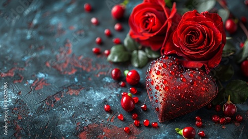 Two Red Roses and a Heart on a Table