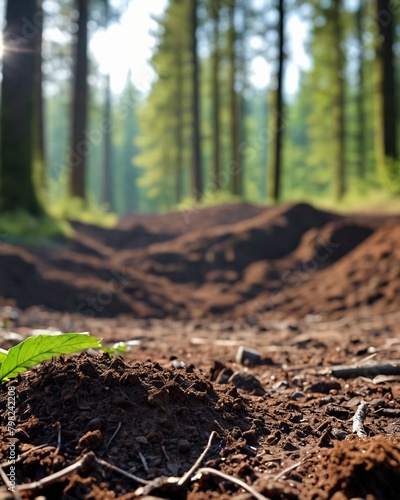 Forest soil against a forest background. Image of deep black chernozem soil in a field.